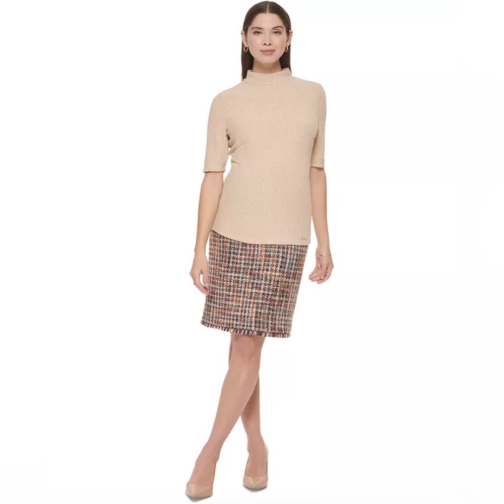 Calvin Klein tan heathered ribbed short sleeve pullover top with mock turtleneck